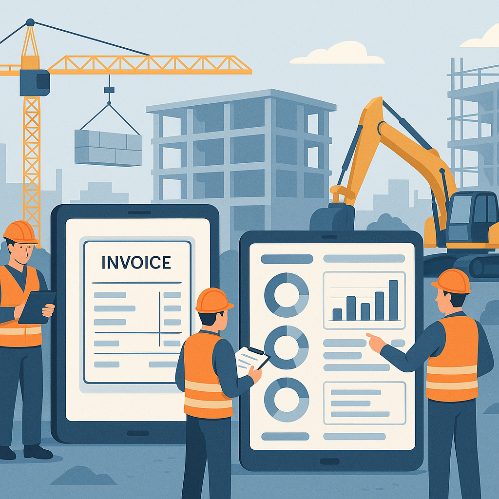 A detailed illustration of a construction site with workers, invoices, and dashboards on tablets, visually representing...