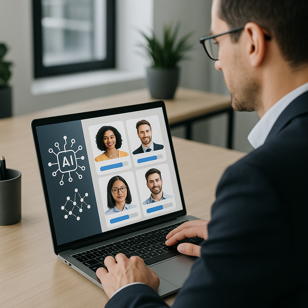 A modern office setting with a recruiter reviewing AI-generated candidate scorecards on a sleek laptop screen. Include i...