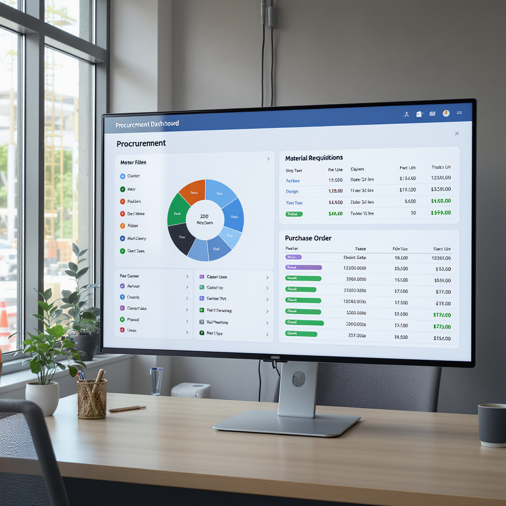 A construction site office with a digital procurement dashboard on a large screen, showing material requisitions and pur...