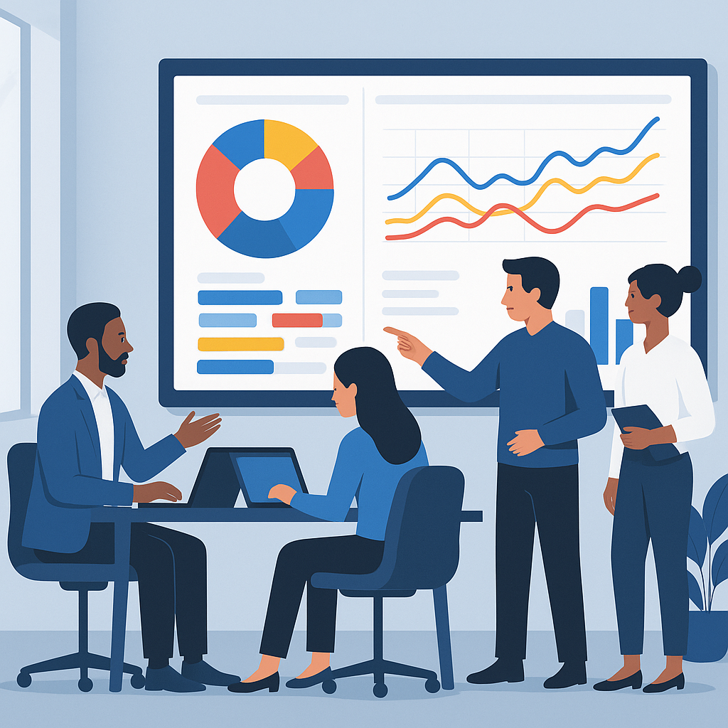 A modern office setting with employees collaborating over a large digital dashboard displaying colorful analytics, repre...