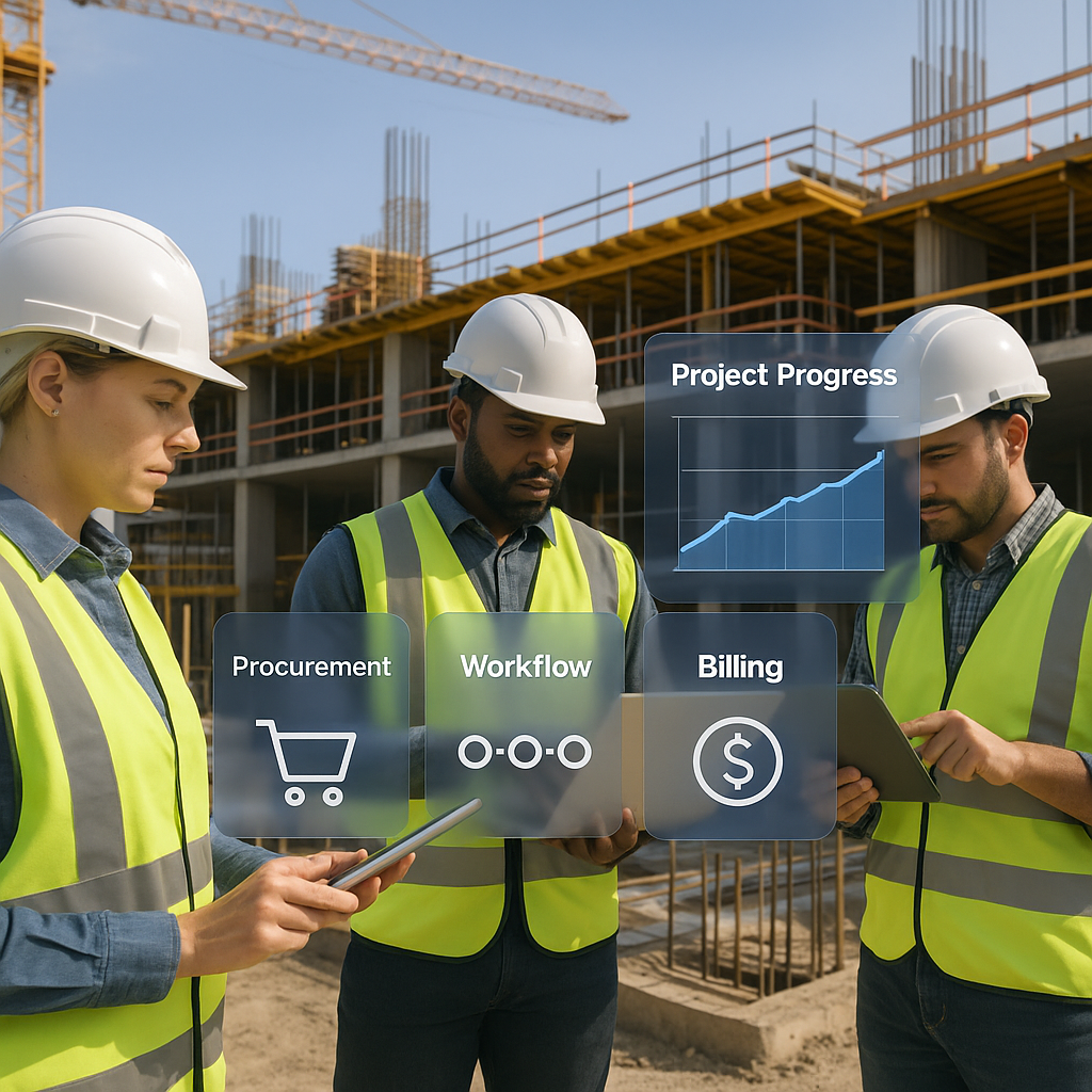 A construction site with workers using tablets and laptops to monitor project progress, featuring a digital dashboard ov...
