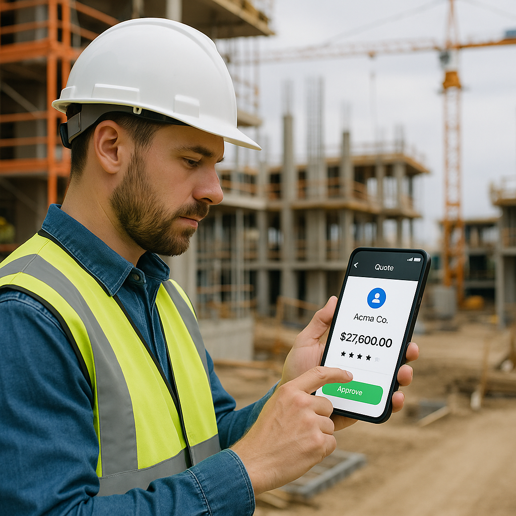 A contractor on a construction site holding a smartphone, reviewing a lead or quote on a sleek app interface, with visib...