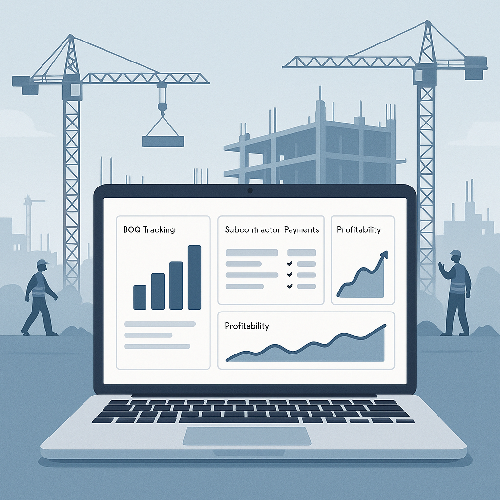An illustration of a construction project dashboard on a laptop, showing BOQ tracking, subcontractor payments, and profi...