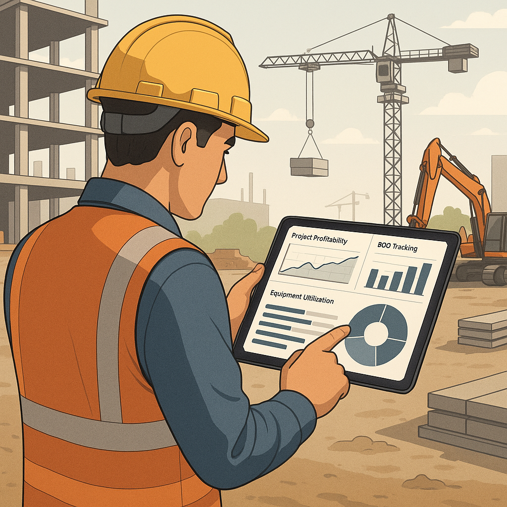 A detailed illustration of a contractor reviewing a digital dashboard showing real-time project profitability, BOQ track...
