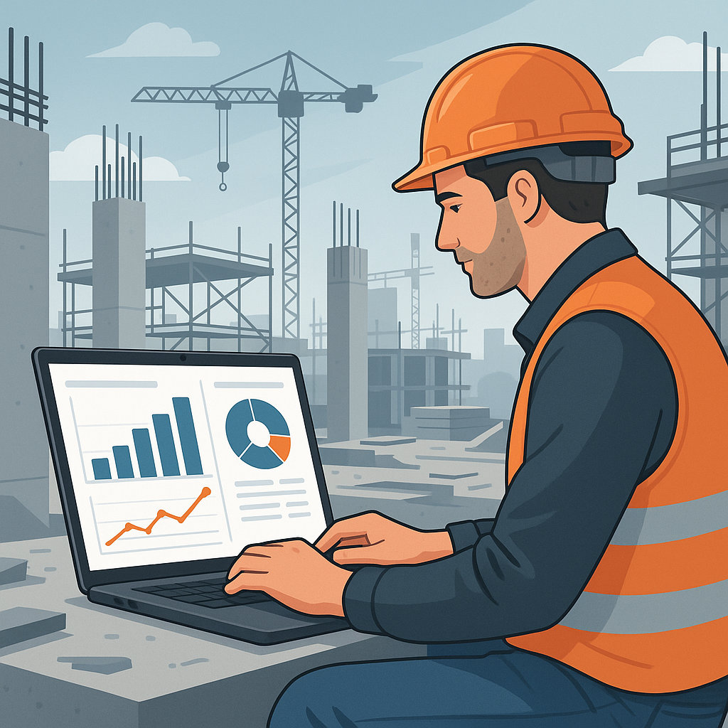 A detailed illustration of a contractor reviewing real-time dashboards on a laptop at a construction site. Include chart...