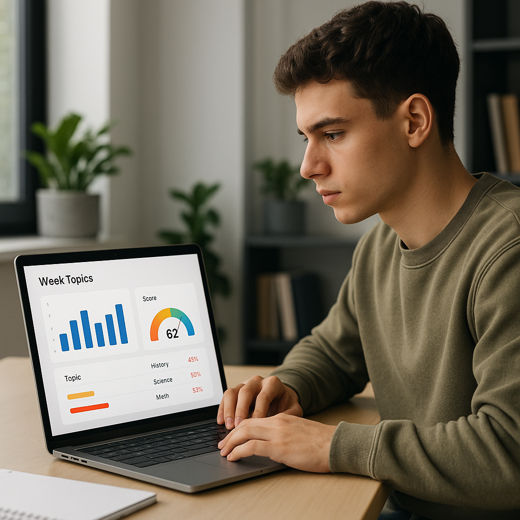 A focused student practicing on their laptop, with a dashboard showing weak-topic analytics and highlighted performance...