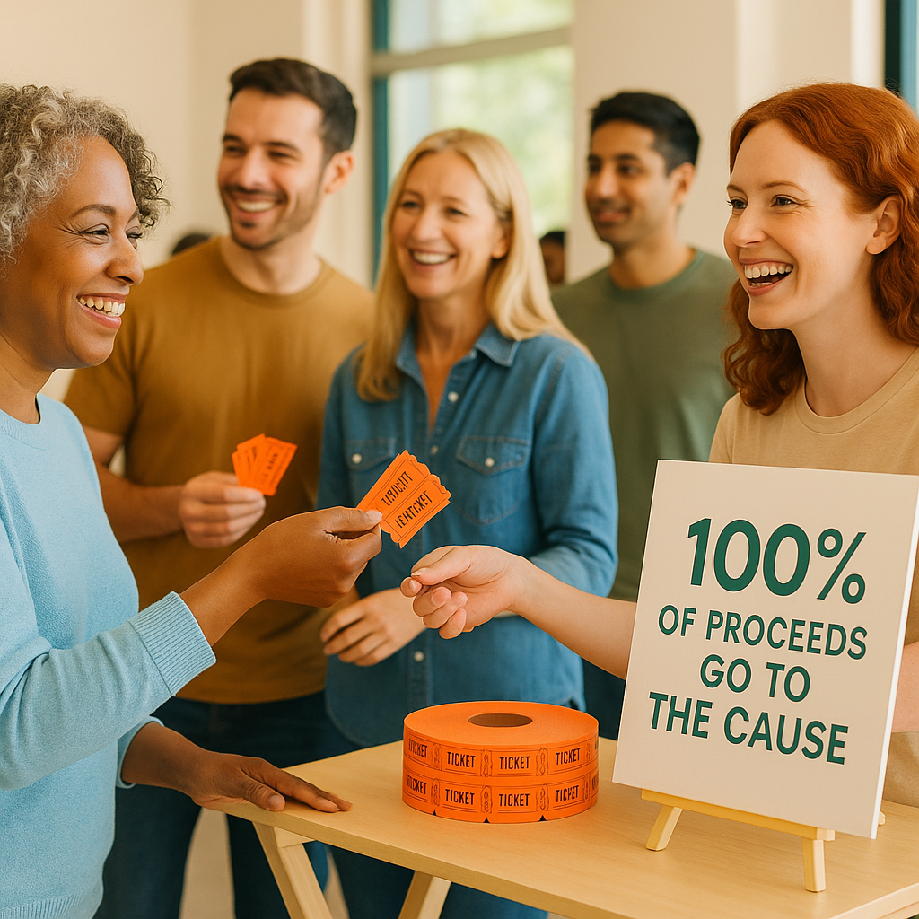 A community fundraiser event with diverse attendees, tickets prominently displayed, and a sign that says '100% of procee...