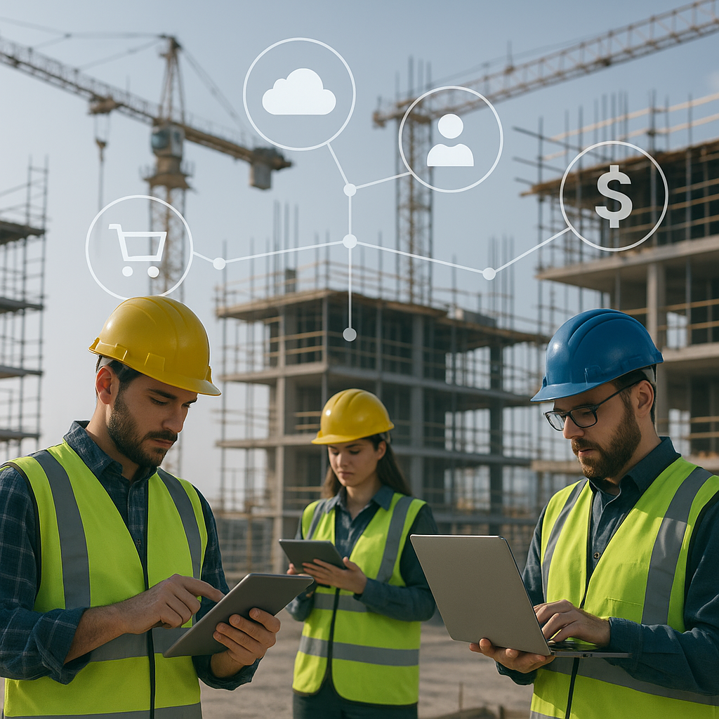 A modern construction site with workers using tablets and laptops, overlayed with connected software icons (like procure...
