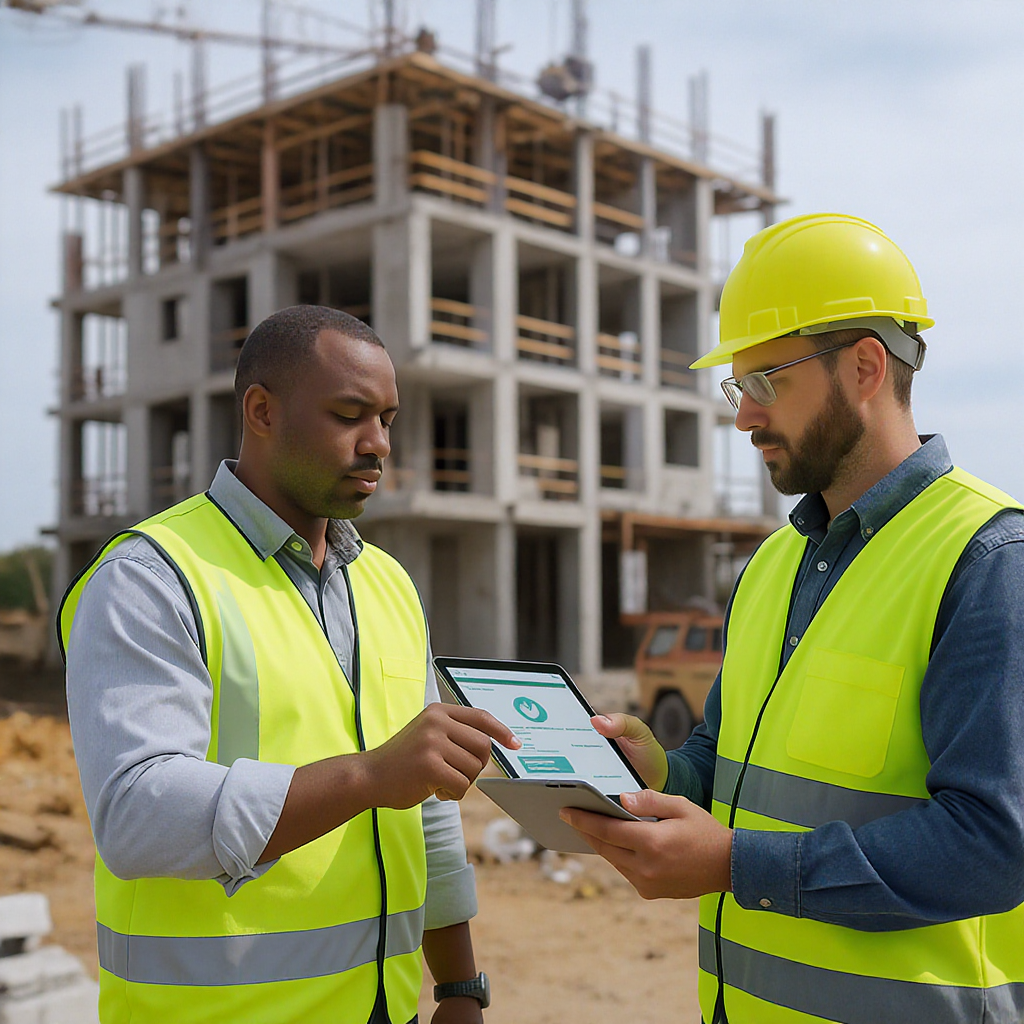 A construction site with workers using a tablet to update tasks. The background shows a partially built structure, with...