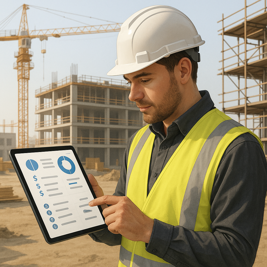 A realistic illustration of a construction site manager reviewing a tablet with a dashboard showing real-time BOQ tracki...