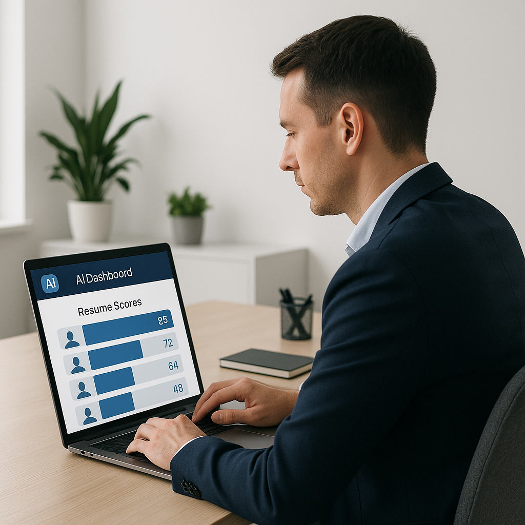 A recruiter sitting at a desk, looking at a laptop with an AI dashboard showing resume scores. Sleek, modern office sett...