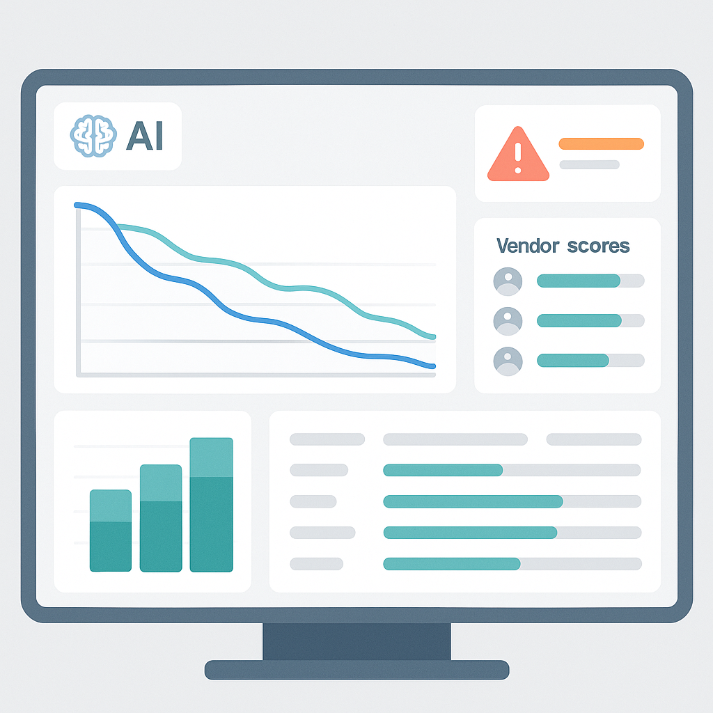 An AI-powered dashboard showing real-time procurement cost tracking for a construction project, with graphs, vendor scor...