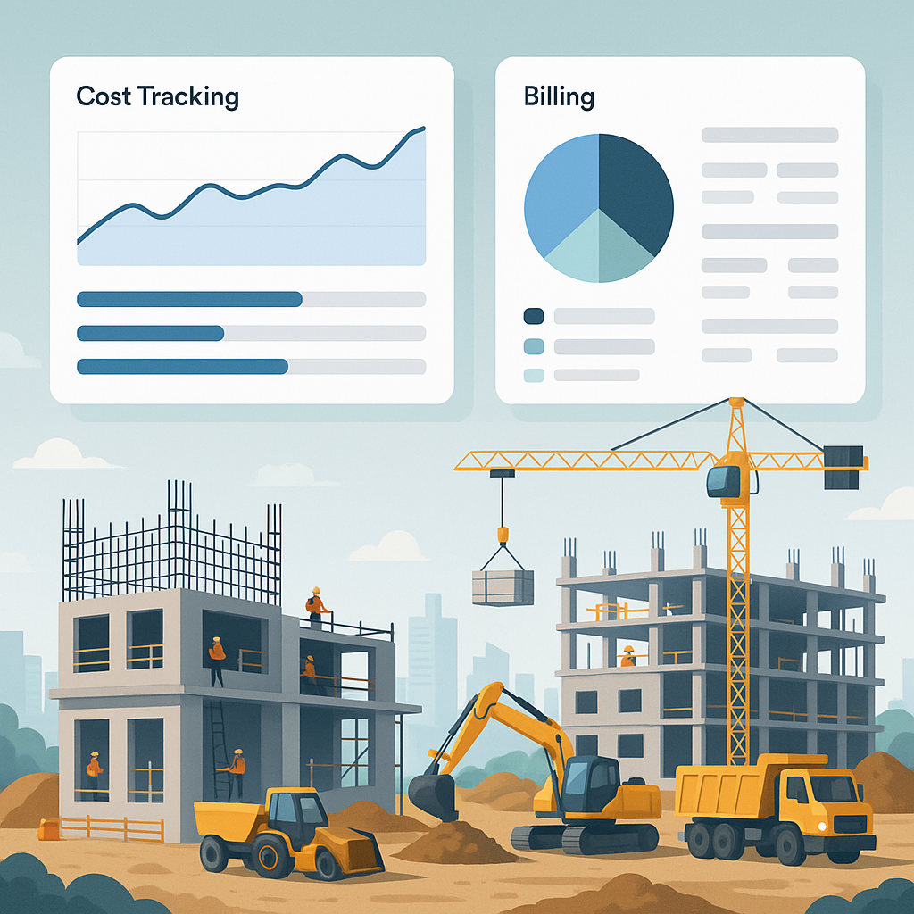 A detailed illustration of a construction project site with real-time dashboards floating above it, showing cost trackin...