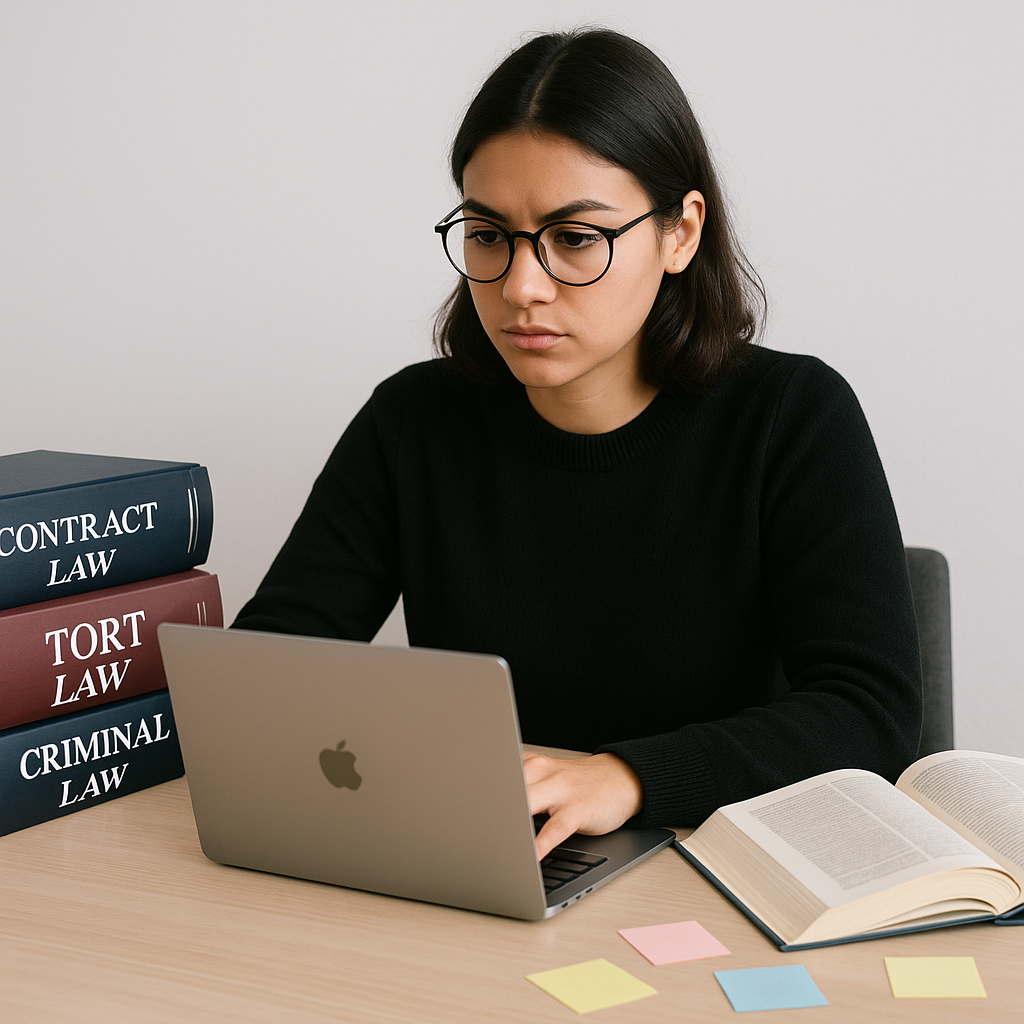 A focused student at a desk with a laptop, surrounded by legal textbooks and sticky notes, simulating SQE1 exam preparat...