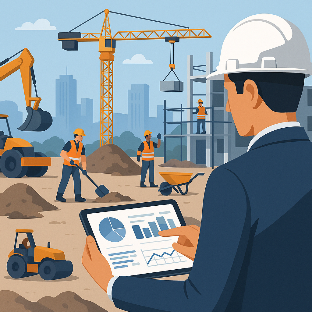 A detailed illustration of a construction site with workers, equipment, and a project manager reviewing real-time dashbo...
