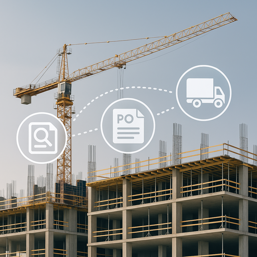 A modern construction site with overlayed digital workflow visuals (e.g., RFQ, PO, material delivery icons) to represent...