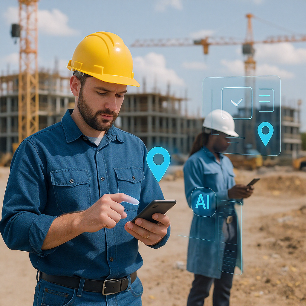 A construction site with workers using mobile devices for attendance tracking, GPS location pins, and AI data visualizat...