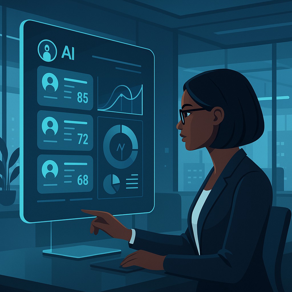 A futuristic office scene with a recruiter using an AI-powered dashboard, showing resume scores and analytics on a sleek...