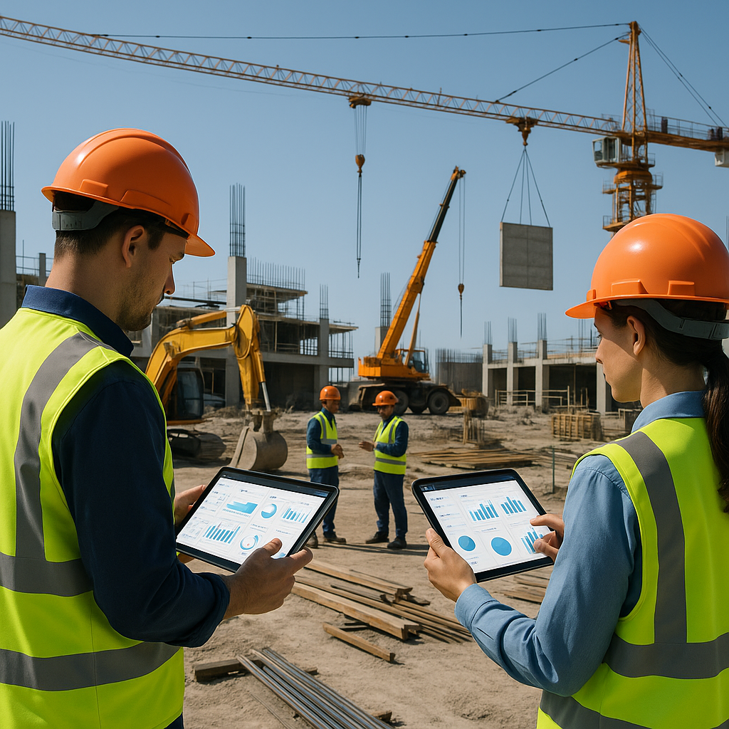 A modern construction site with workers, machinery, and project managers using tablets to track data in real time. Inclu...