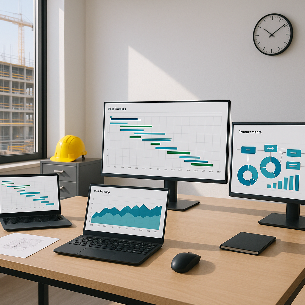 A construction site office with multiple monitors displaying real-time ERP dashboards, showing project timelines, cost t...