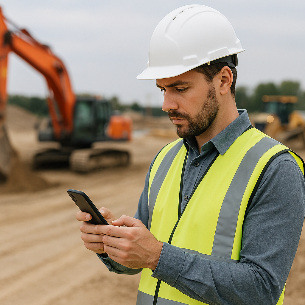 A contractor on a construction site holding a smartphone, entering data into an app. The background shows heavy machiner...