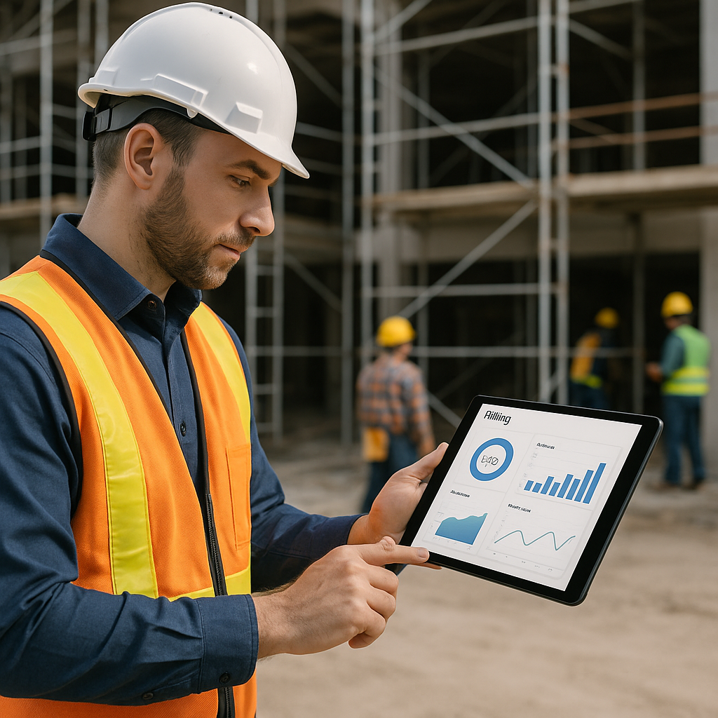 A construction site showing a project manager reviewing billing on a tablet, with visible charts and dashboards on the s...