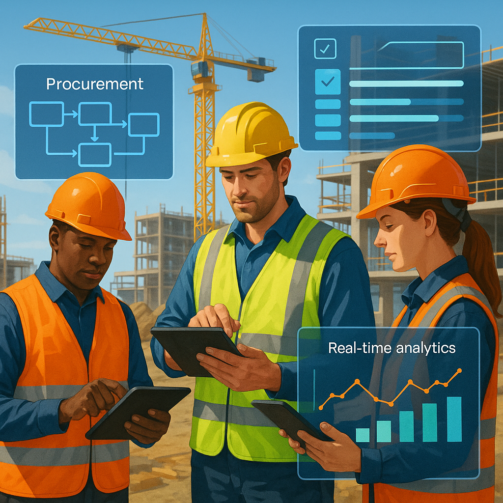 A construction site with workers using tablet devices, surrounded by digital dashboard elements showing procurement work...