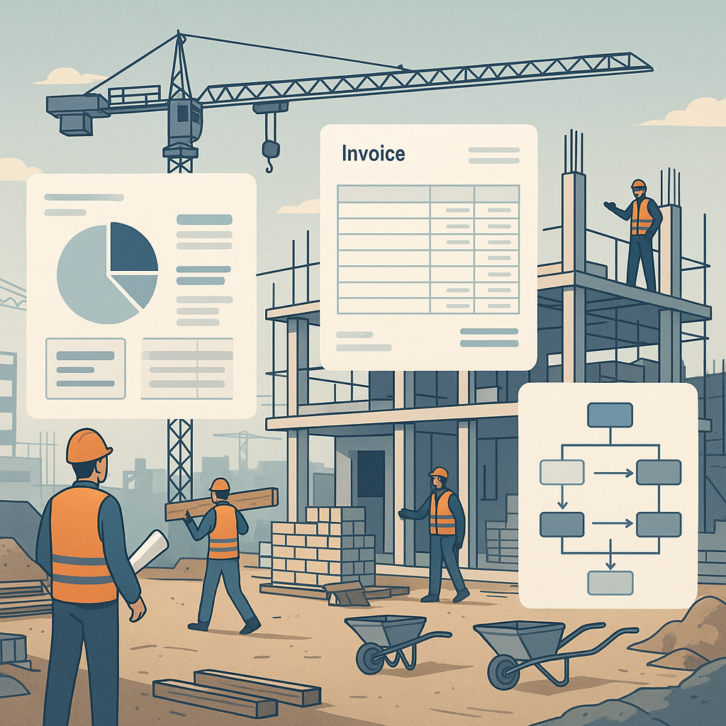A detailed illustration of a construction project site with digital dashboards, invoices, and workflows superimposed, sh...