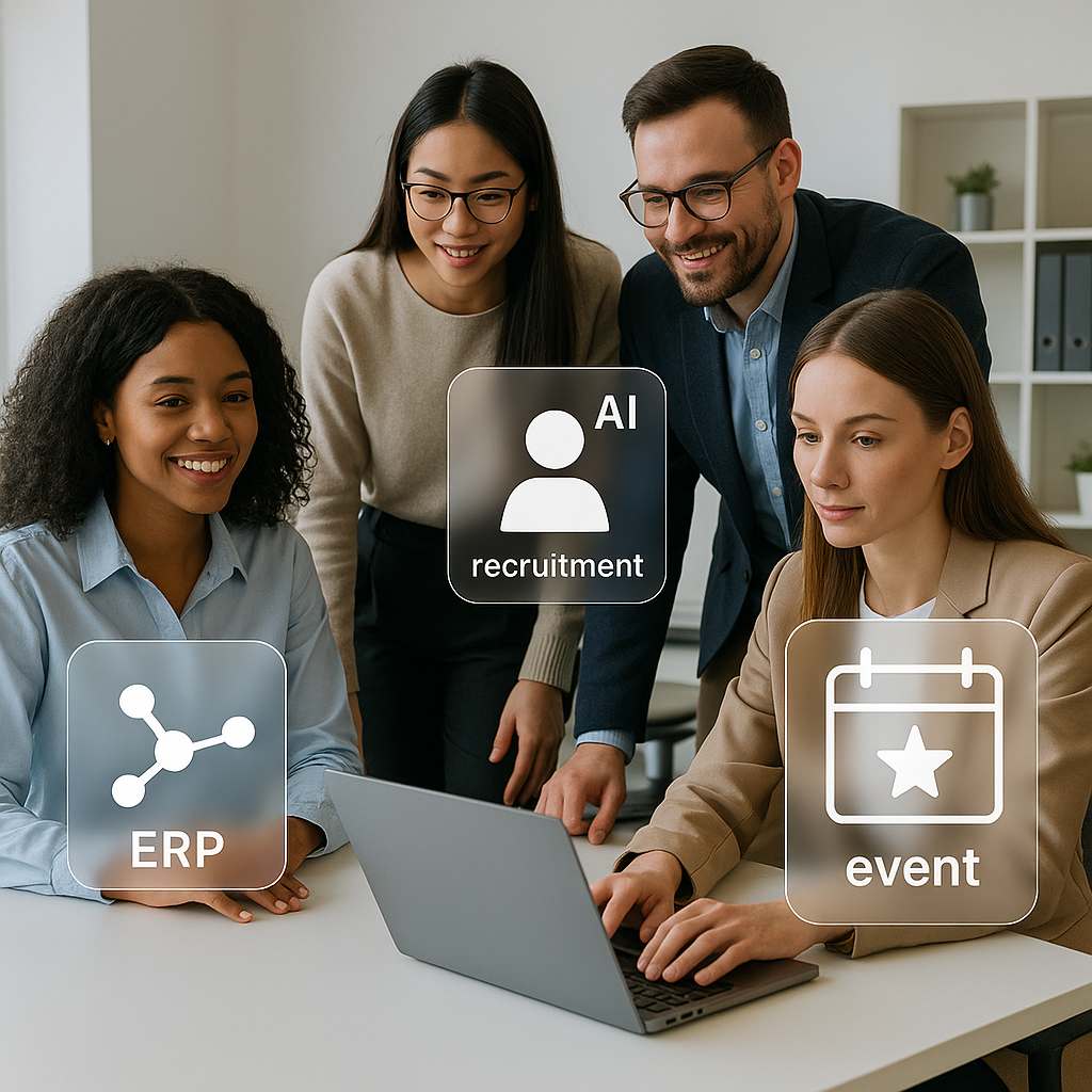 A modern office environment showing diverse professionals collaborating, with floating digital interface elements repres...