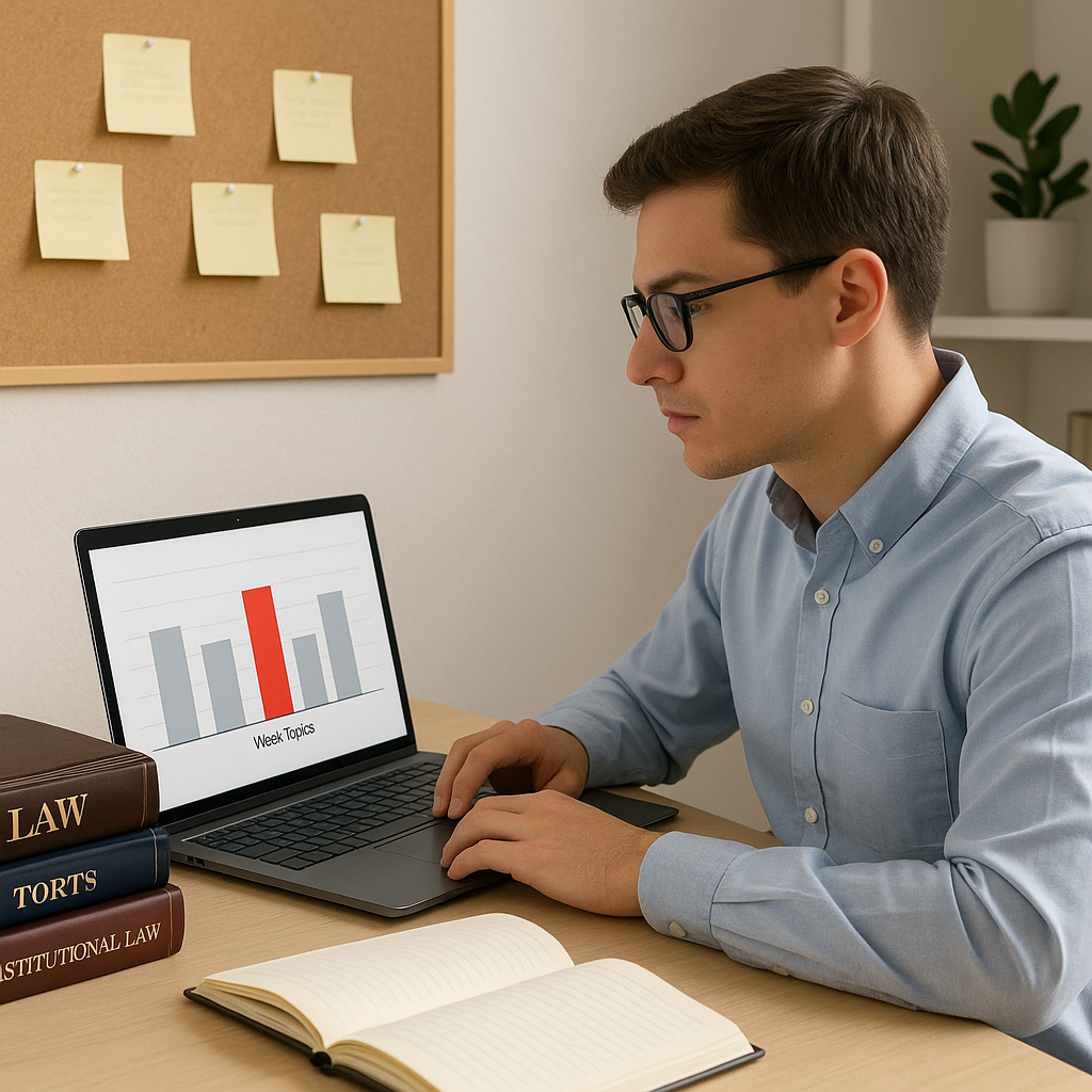 A focused law student sitting at a desk with a laptop open. The screen shows a graph highlighting weak topics. The stude...