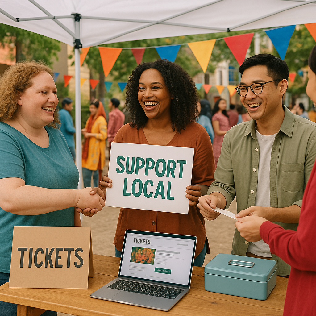 A community group selling tickets at a cultural event, with signs reading 'Support Local' and a laptop showing an online...