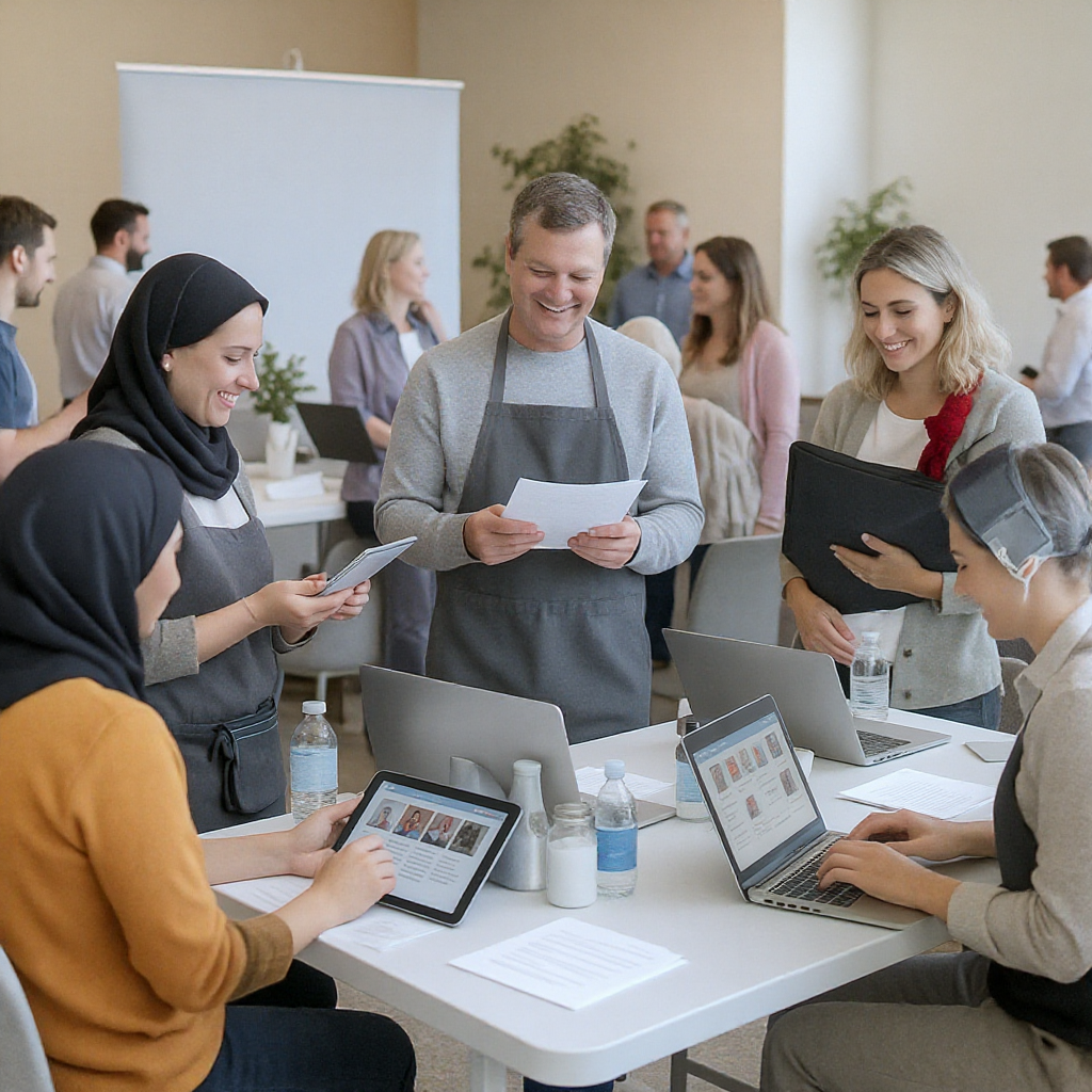 A realistic illustration of a community event with volunteers using tablets and laptops to manage attendees, showing mod...