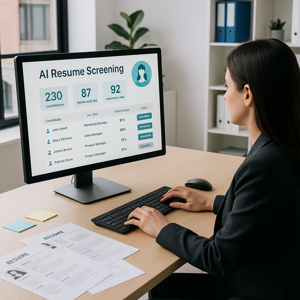 A modern office setting with a recruiter using an AI-powered resume screening dashboard on a computer, resumes and stick...