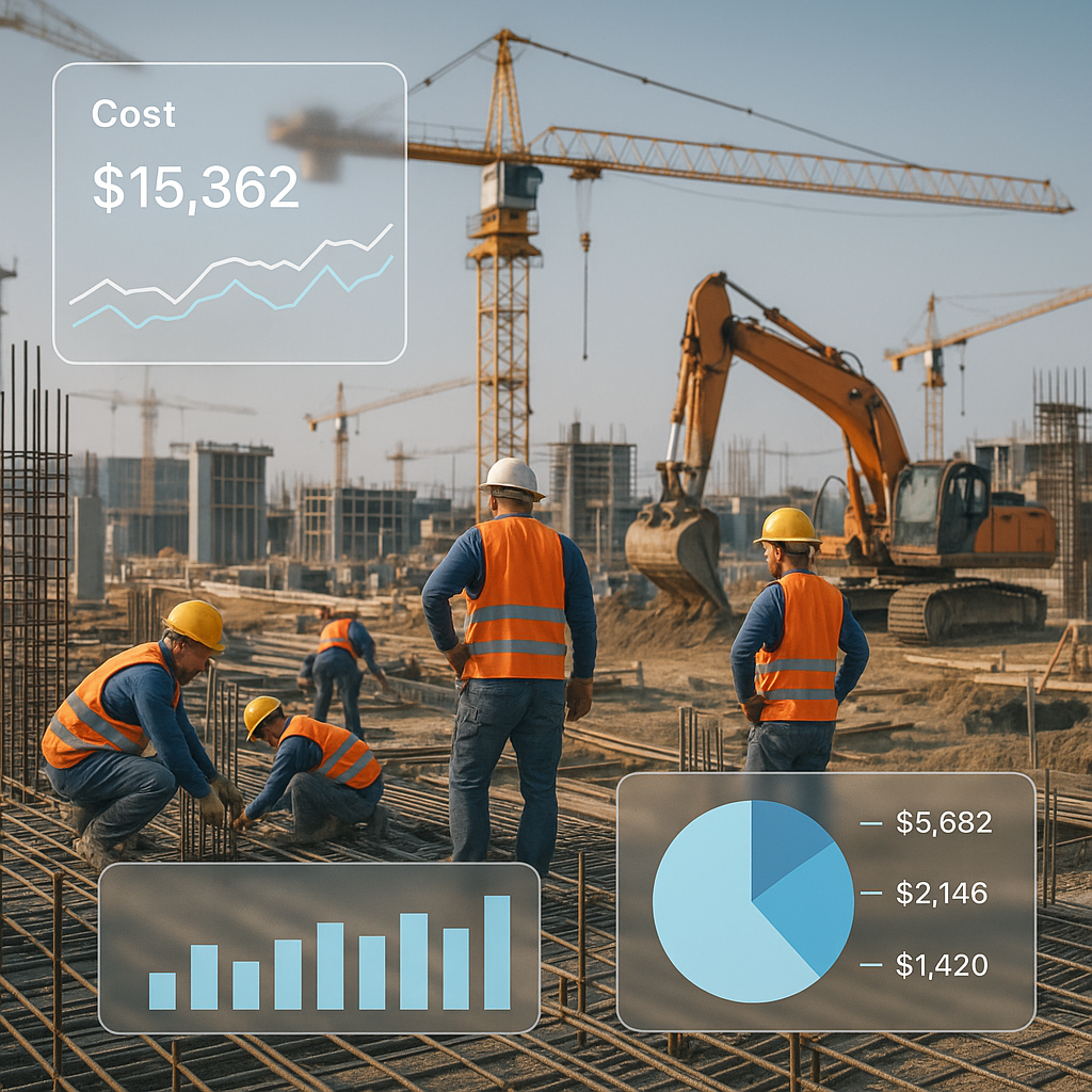A construction site with workers, machinery, and a transparent overlay showcasing digital cost data and charts in real-t...