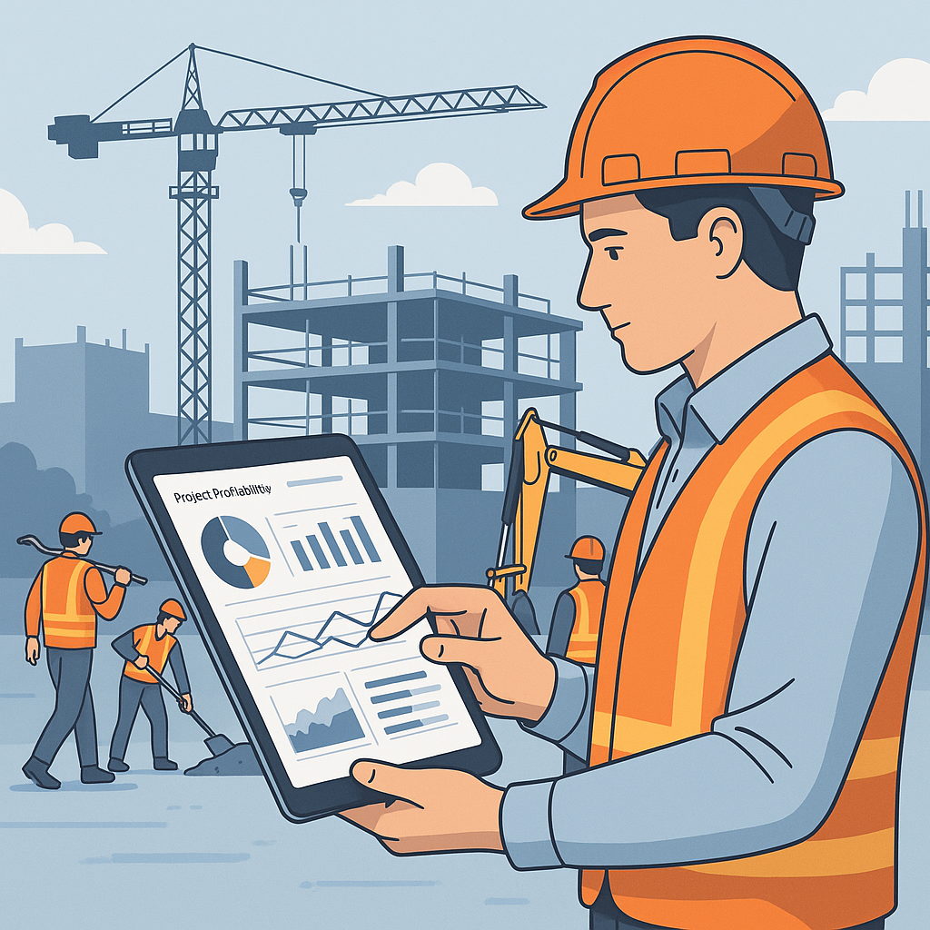 A detailed illustration of a construction site manager using a tablet to view real-time dashboards for project profitabi...