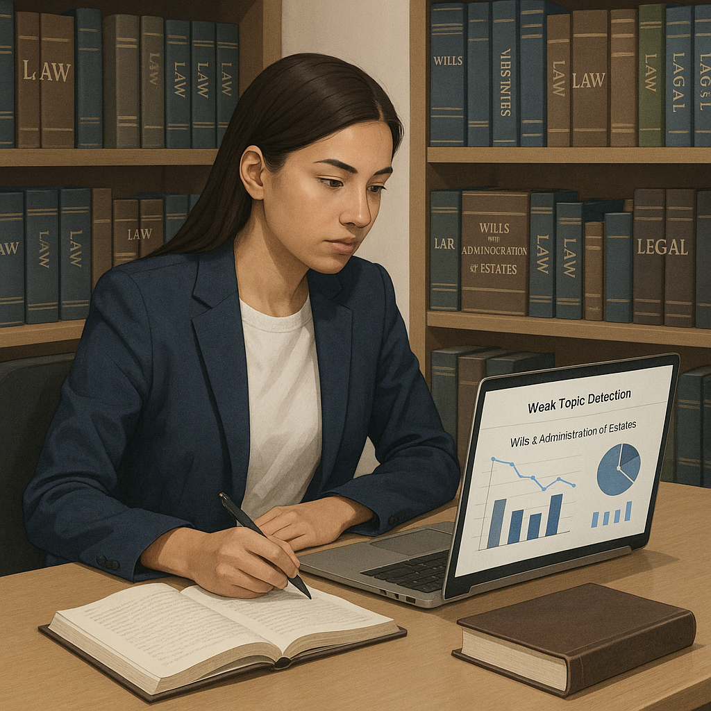 A realistic illustration of a law student sitting at a desk with a laptop open, reviewing analytics on weak-topic detect...