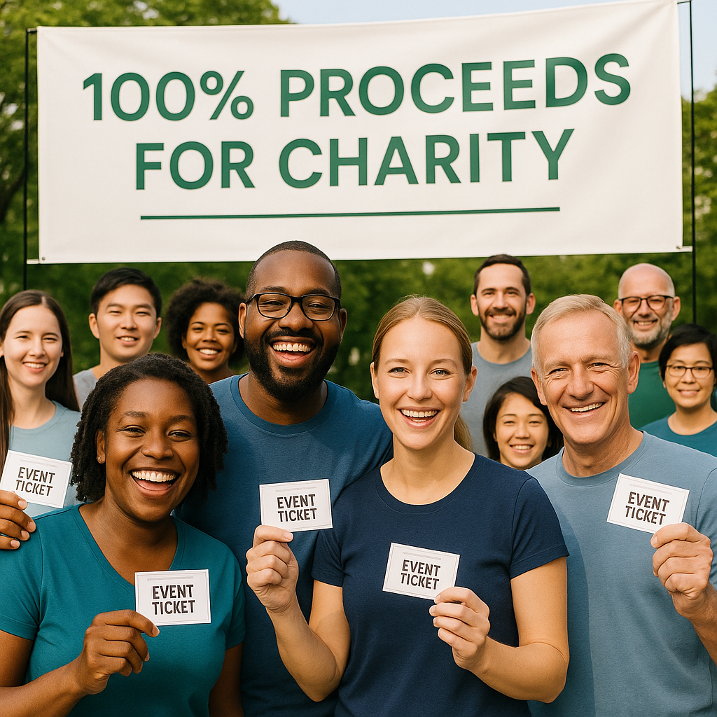 A vibrant community event with diverse participants, smiling and holding event tickets, with a banner that reads '100% P...