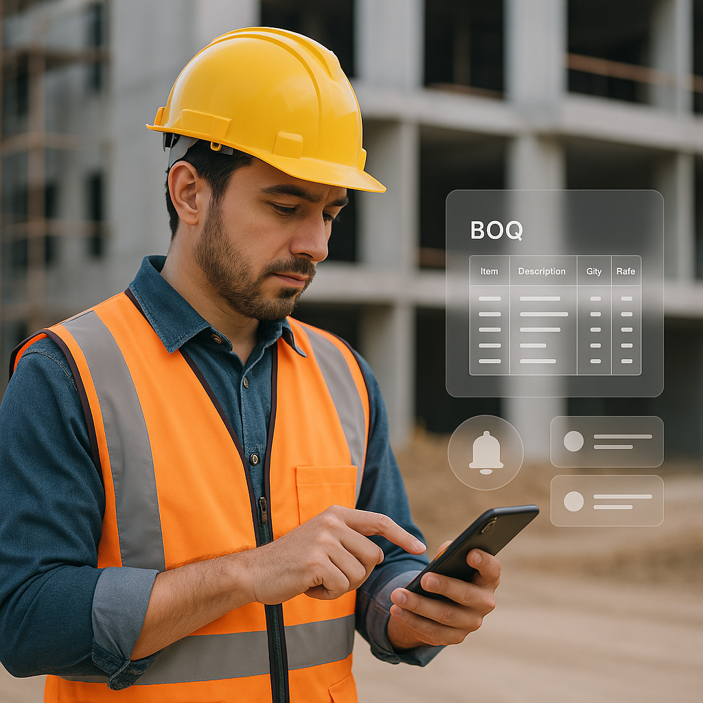 A contractor on a job site holding a smartphone, with a digital interface overlay showing a BOQ and follow-up reminders.