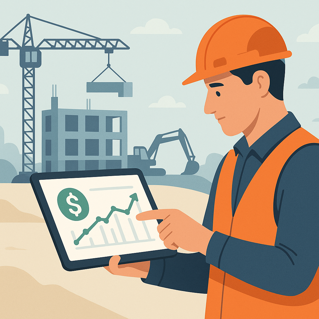 Illustration of a contractor reviewing real-time project profitability on a tablet with construction site visuals in the...