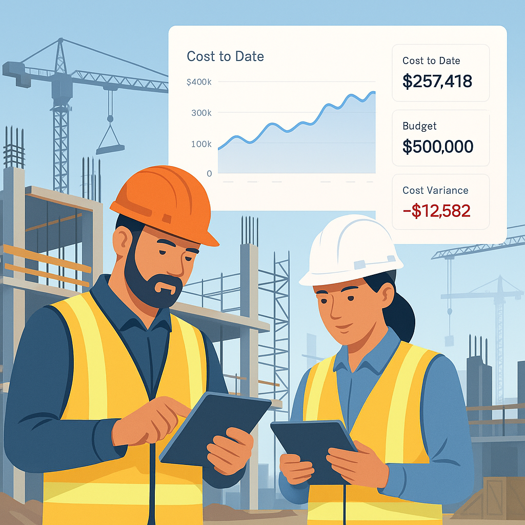 A construction site with workers using tablets, a dashboard showing real-time project cost tracking in the background, c...