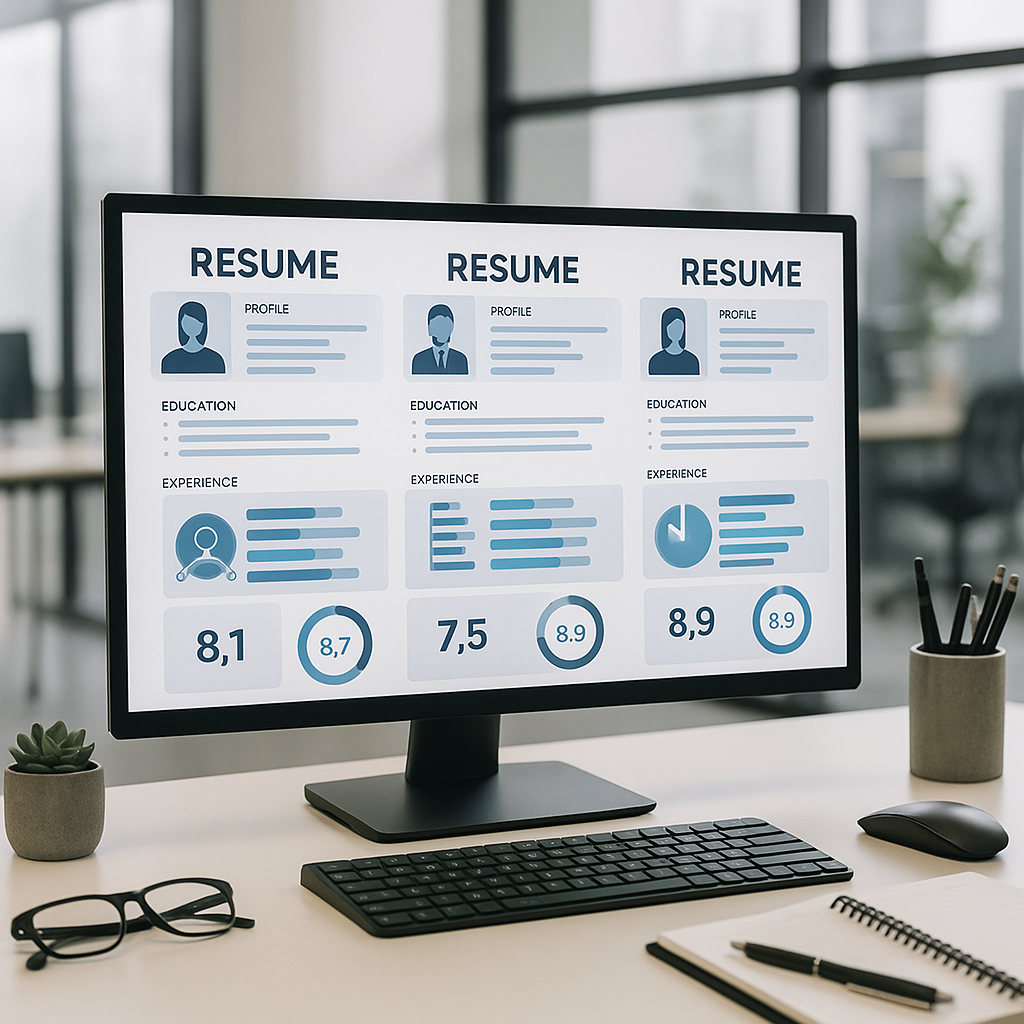 A modern office setting with a recruiter’s desk showing multiple resumes on a computer screen, highlighted by AI-powered...