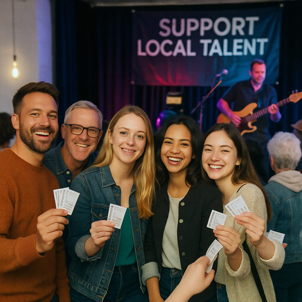 A vibrant community fundraising event, with smiling attendees holding tickets, a local musician performing, and a banner...