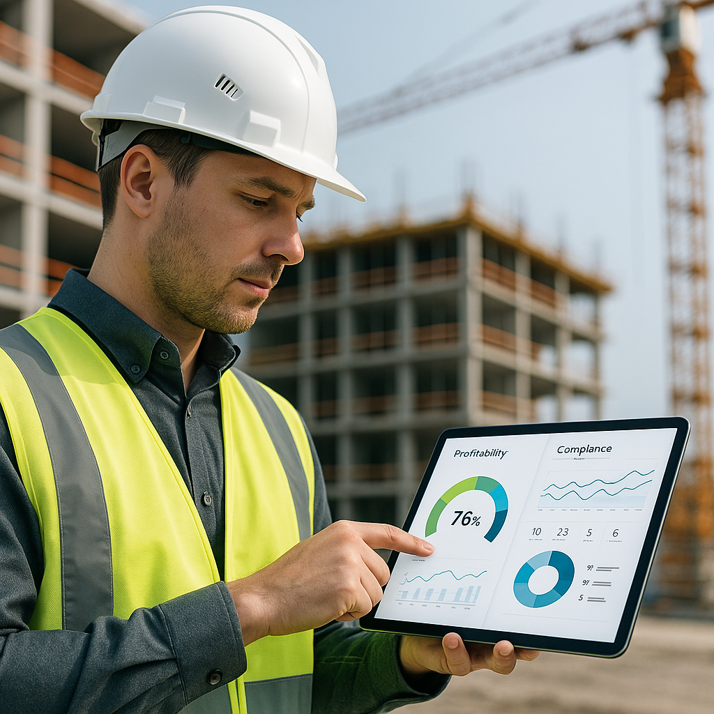A construction project manager in a hard hat reviewing a tablet with real-time dashboards showing project profitability...