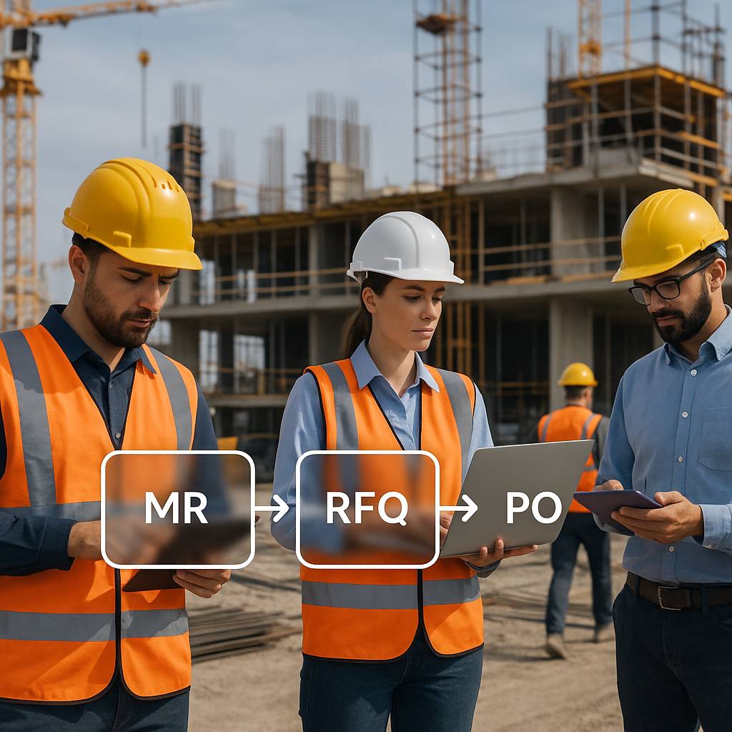 A busy construction site with workers and engineers using tablets and laptops to manage procurement, overlaid with a dig...