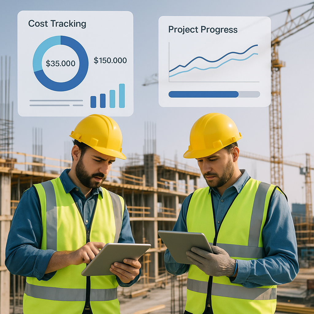 Construction site with workers using tablets, overlaid with digital dashboards showing cost tracking and project progres...