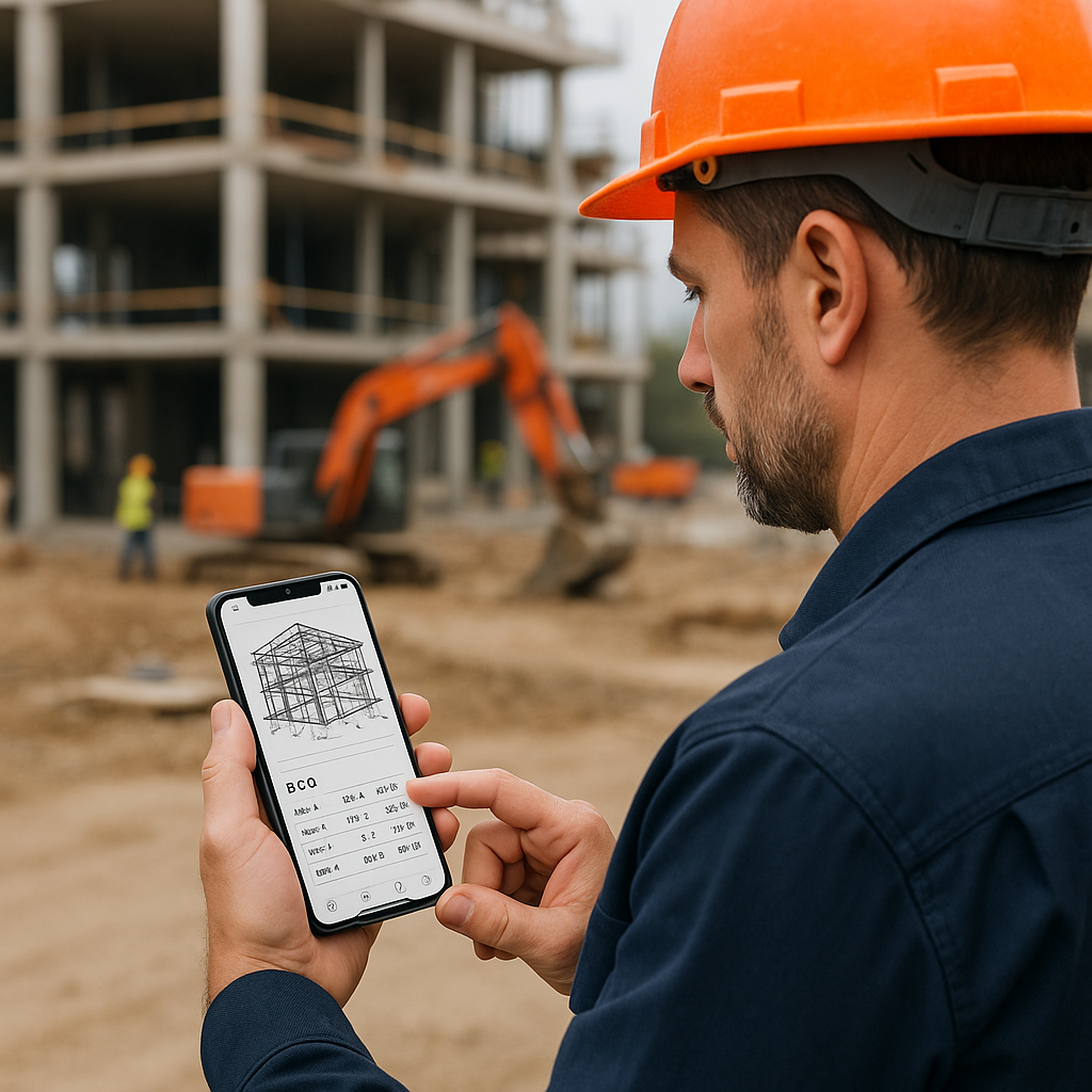 A contractor on a construction site using a mobile app on a smartphone, with detailed diagrams and BOQ lists visible on...