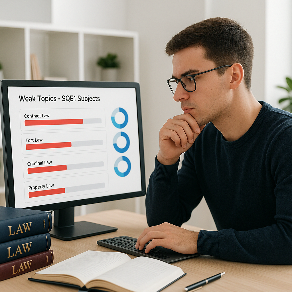 A focused student at a desk surrounded by legal textbooks, analyzing a digital dashboard showing weak-topic analytics fo...