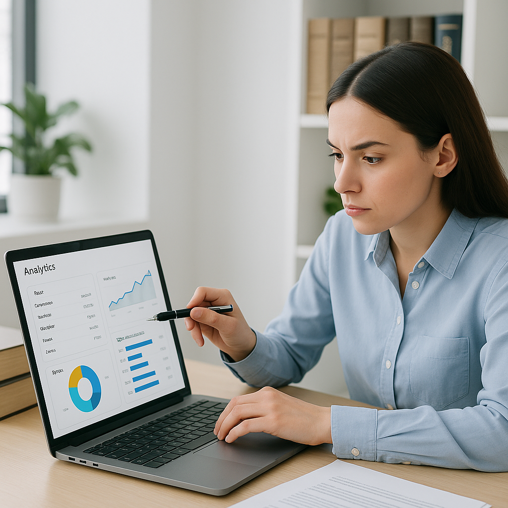 A focused law student sitting at a desk with a laptop, highlighting weak areas in SQE1 topics on a digital analytics das...