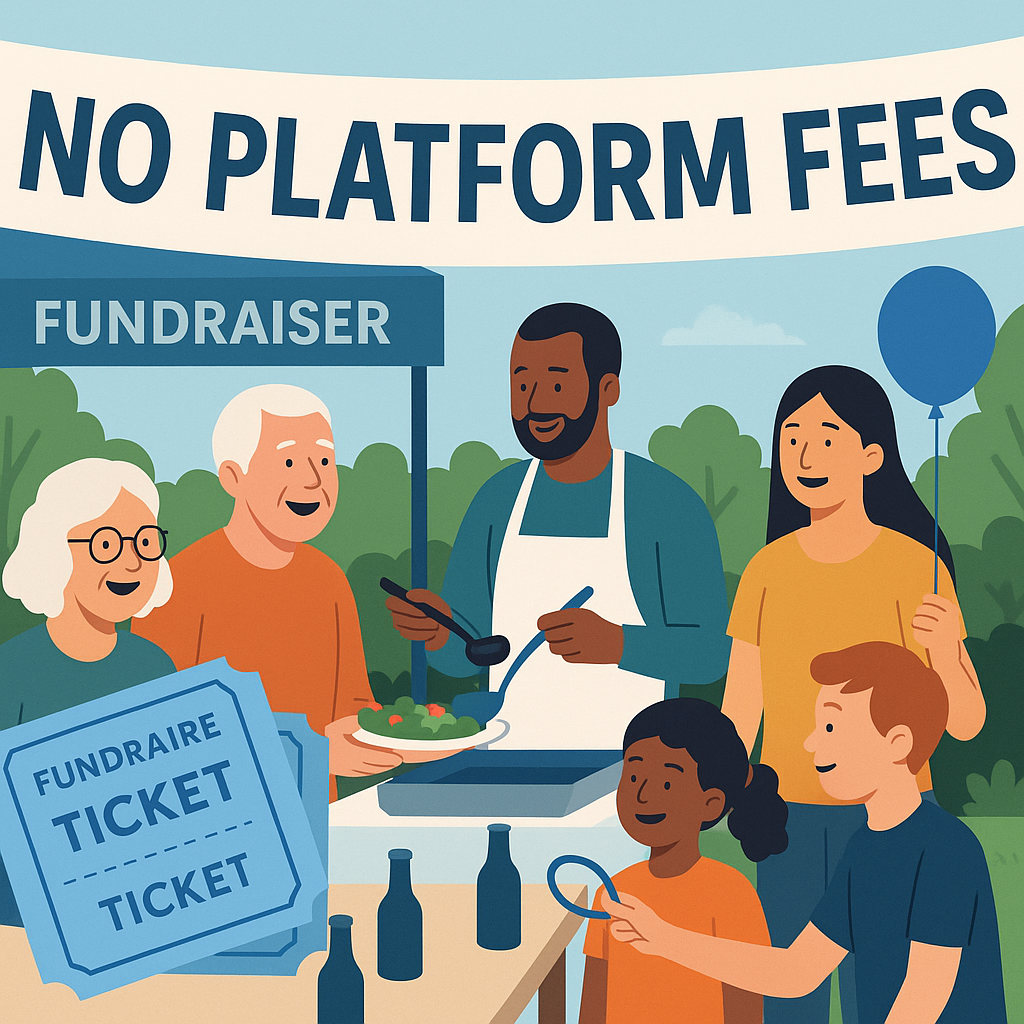 A community fundraiser event with people of diverse ages and ethnicities enjoying food and activities, tickets displayed...