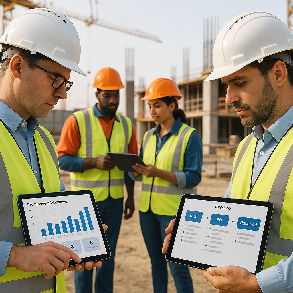 A construction site with workers and managers using tablets to track procurement workflows, showing screens with charts...